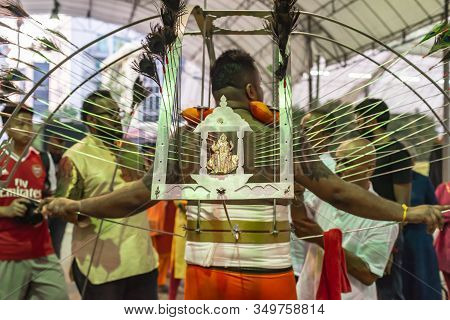 South East Asia/singapore - Feb 8 2020 : Devotee Carrying Kavadi Preparing For Ceremony Prayers Bles