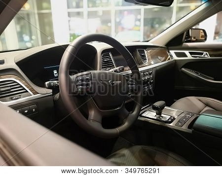 Interior Of The Salon Of The South Korean Premium Car Hyundai Genesis G80 In The Car Sales Show Hyun