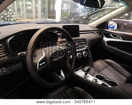 Interior Of The Salon Of The South Korean Premium Car Hyundai Genesis G70 At The Hyundai Motor Show 