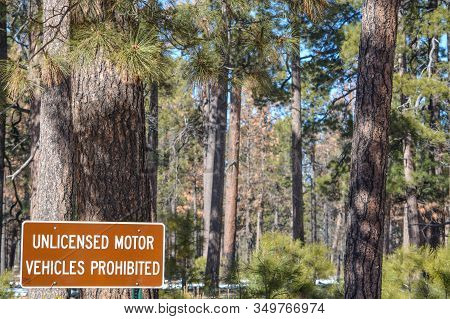 Unlicensed Motor Vehicles Prohibited Sign, At Tall Timbers County Park In Navajo County, Arizona Usa