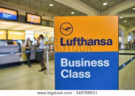 BERLIN, GERMANY - CIRCA SEPTEMBER, 2019: close up shot of Lufthansa Business Class sign seen at check-in area in Berlin-Tegel Airport.