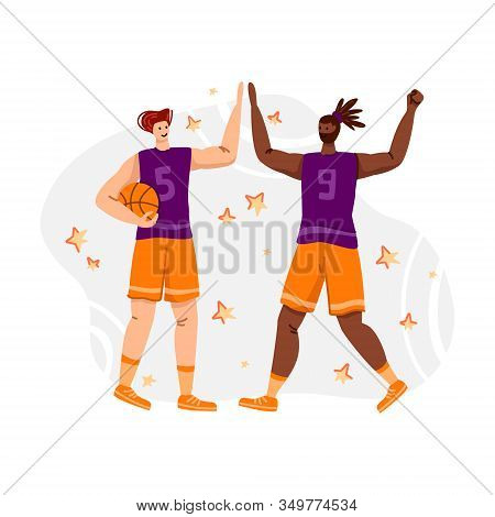 Two Basketball Players With Ball Playing Game, Good Teamwork And Happiness, Illustration With Muscul