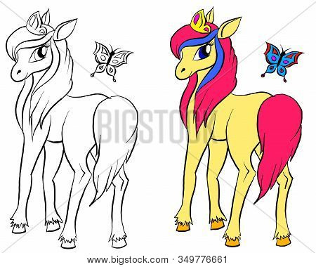 Vector Isolated Pony. Coloring Of Pony. Colored Cartoon Horse With Butterfly. Coloring And Colorful 