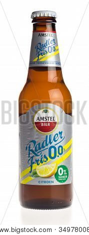 Groningen, Netherlands - February 06, 2020: Bottle Of Amstel Radler Non Alcoholic Lemon Beer Isolate