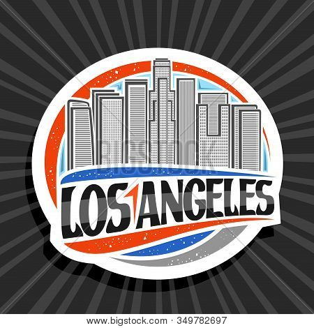 Vector Logo For Los Angeles, White Decorative Round Tag With Line Illustration Of Contemporary Citys