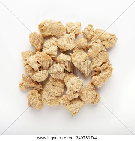 Alternative Meat Concept. Pile Of Soymeat Protein Isolated On White Background, Top View