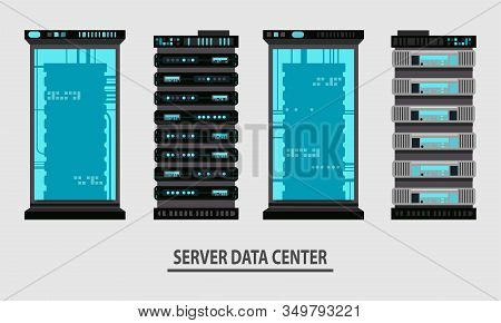 Set Of Various Cartoon Server Racks, Server Rack Room Collection Of Lelements For Design Flat Vector