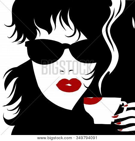 Silhouette Of A Woman And A Cup Of Hot Coffee. Comic Caricature Por Art Retro Vector Illustration