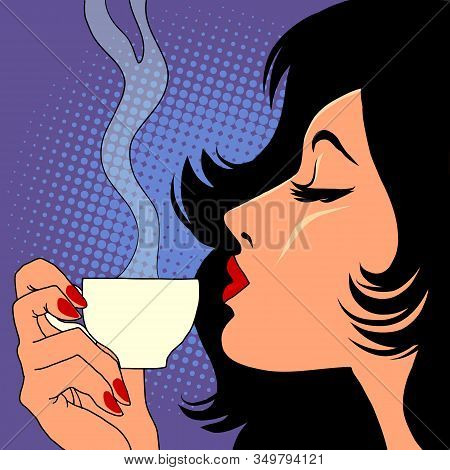 Woman Drinking Hot Coffee. Comic Caricature Por Art Retro Vector Illustration