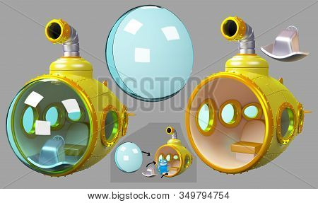 Cartoon Yellow Submarine, Layered Set Isolated On Gray. 3d Illustration