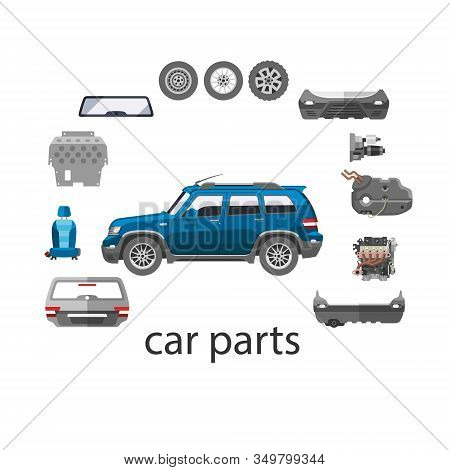 Car Spares And Parts Top View Vector Illustration Isolated On White. Repair Help With Car Parts For 