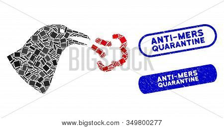 Mosaic Bird Influenza Icon And Red Round Distressed Stamp Seal With Anti-mers Quarantine Caption And