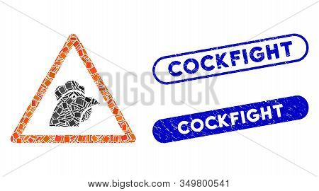 Mosaic Chicken Warning Icon And Red Rounded Grunge Stamp Seal With Cockfight Caption And Coronavirus