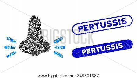 Mosaic Infected Nose Icon And Red Round Rubber Stamp Seal With Pertussis Caption And Coronavirus Sym