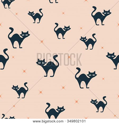 Grey Cats And Stars Halloween Seamless Repeat Pattern. October Holidays Print. Vector.