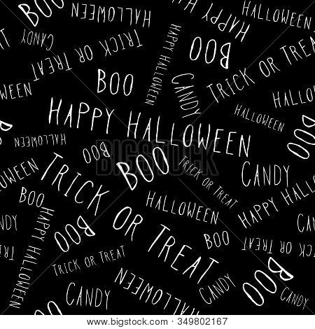 Halloween Hand Lettering. Handwritten Seamless Repeat Pattern White On Black Background. Background.