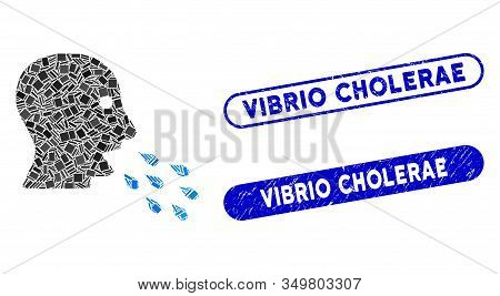 Mosaic Respiratory Infection Icon And Red Round Rubber Stamp Seal With Vibrio Cholerae Caption And C