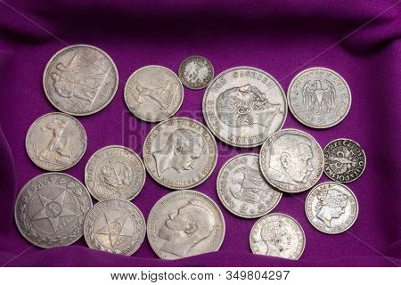 Twentieth-century Silver Coins On A Purple Velvet Napkin In A Casket, Close-up, Collectible Coins, S