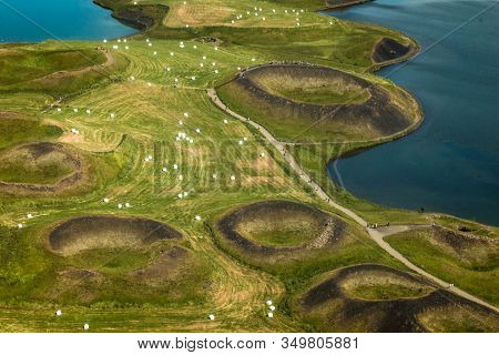 Volcanic Craters In Iceland Aerial View From Above, Myvatn Lake