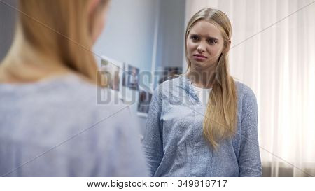 Girl Is Upset Of Static Dry And Damaged Hair In Winter Period, Self-doubt Age