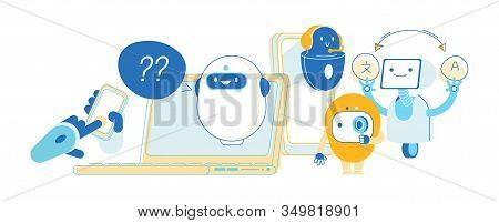 Robots, Artificial Intelligence In Human Life. Chatbot Help Clients Online Answer Questions, Transla