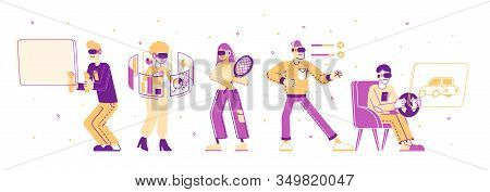 People Use Virtual Reality Technology Set. Male And Female Characters Wearing Vr Goggles Playing Aug