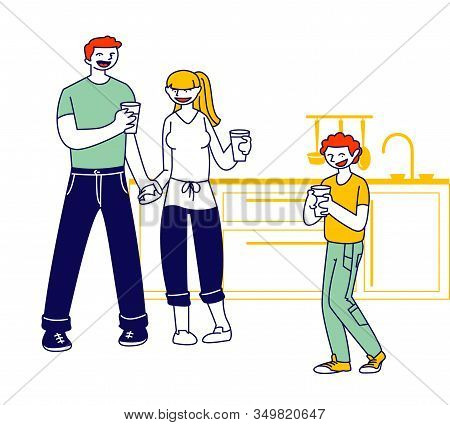 Happy Family Of Mother, Father And Preteen Boy Holding Glasses On Kitchen. Healthy Habit And Lifesty