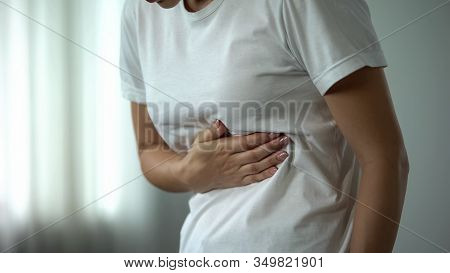 Female Feeling Stomachache, Suffering From Peptic Ulcer, Unhealthy Eating Result