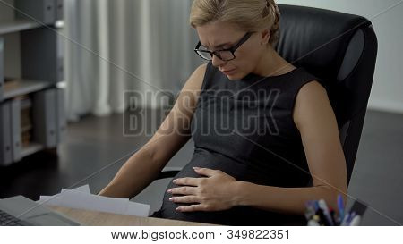 Pregnant Business Woman Hardly Breathing In Office, Preterm Birth, Health Care