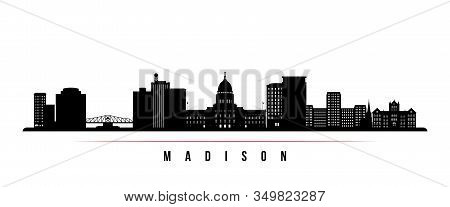 Madison Skyline Horizontal Banner. Black And White Silhouette Of Madison, Wisconsin. Vector Template