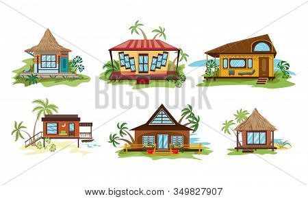 Set Of Different Styles Villa On The Ocean Beach In Paradise. Vector Illustration In Flat Cartoon St