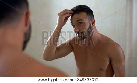 Handsome Man Worried About Hair Affected By Dandruff, Scalp Disease, Health