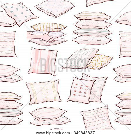 Seamless Pattern With Pillows - Single, Pairs, Piles, Standing, Lying, Front And Side View, On White