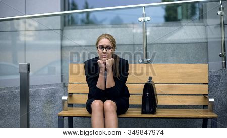 Upset Business Lady Sitting On Bench, Lonely Life Of Careerist Lack Of Attention