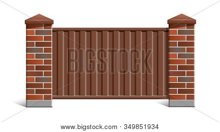 Fence With Brick Pillars And Metal Profile.