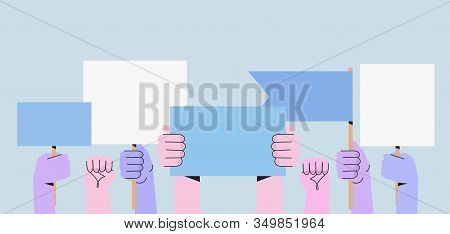 Vector Illustration Of People Holding Signs, Banner And Placards On A Protest Demostration Or Picket