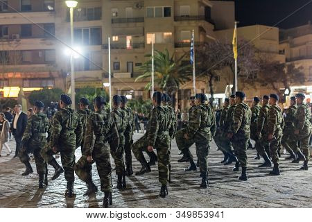 Heraklion, Crete, Greece - 28 April 2019: Easter Celebration Night Outside Agios Minas Cathedral. A 