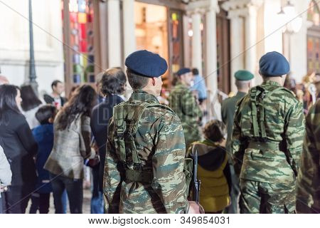 Heraklion, Crete, Greece - 28 April 2019: Easter Celebration Night Outside Agios Minas Cathedral. A 