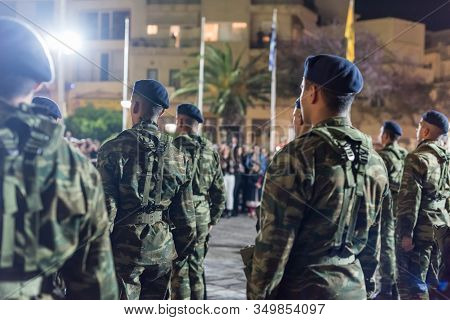 Heraklion, Crete, Greece - 28 April 2019: Easter Celebration Night Outside Agios Minas Cathedral. A 