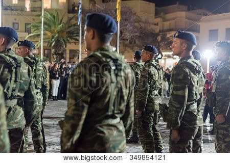 Heraklion, Crete, Greece - 28 April 2019: Easter Celebration Night Outside Agios Minas Cathedral. A 