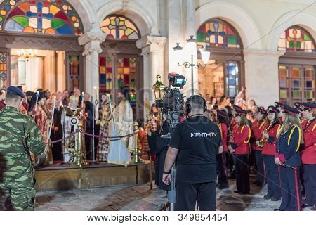 Heraklion, Crete, Greece - 28 April 2019: Easter Celebration Night Outside Agios Minas Cathedral. Сe