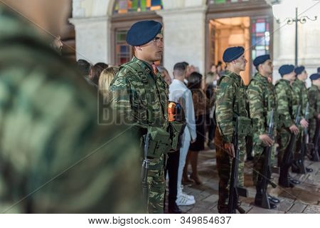 Heraklion, Crete, Greece - 28 April 2019: Easter Celebration Night Outside Agios Minas Cathedral. A 