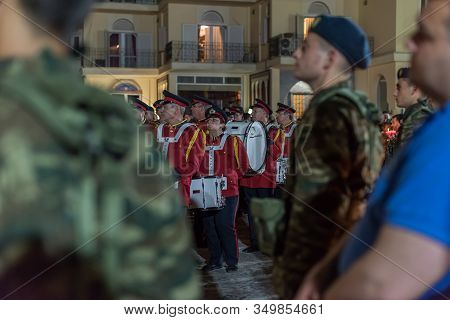 Heraklion, Crete, Greece - 28 April 2019: Easter Celebration Night Outside Agios Minas Cathedral. A 