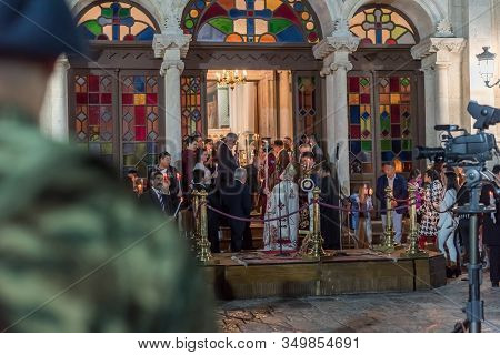 Heraklion, Crete, Greece - 28 April 2019: Easter Celebration Night Outside Agios Minas Cathedral. Сe