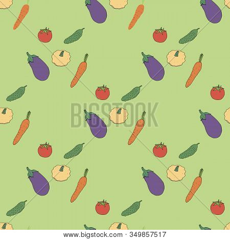 Seamless Background With Tomato, Eggplant, Squish, Cucumber, Carrot. Endless Pattern Of Fresh Health