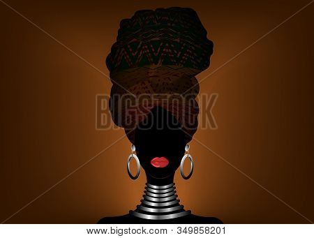 African Scarf, Portrait Afro Woman In A Geometric Turban. Tribal Wrap Fashion, Ankara, Kente, Kiteng