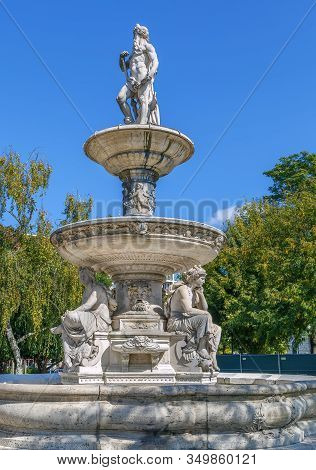 Danubius Fountain On Elizabeth Square In Budapest, Hungary
