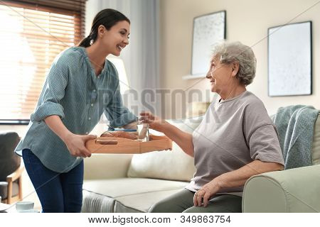 Young Woman Serving Dinner For Elderly Woman In Living Room. Senior People Care