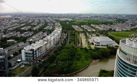 Bekasi, West Java, Indonesia - February 10 2020: Skyline Aerial Shot. Residential Environment At Sum