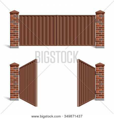 A Red Brick Gate With A Metal Profile On A White, Isolated Background. Open Gate.